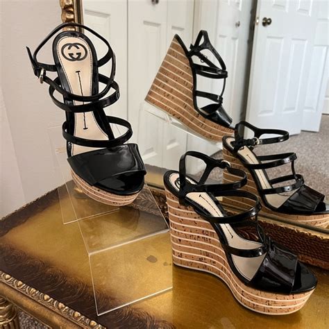 black gucci wedge sandals cork|Gucci Authentic Made in Italy Black Patent Leather Eilin Cork .